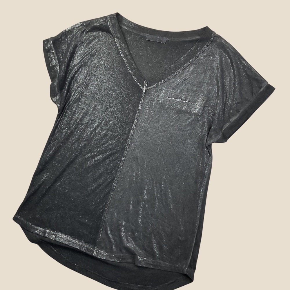 Gigi Moda Top Womens Small V-Neck Metallic Sparkle Viscose Blend Black Italy